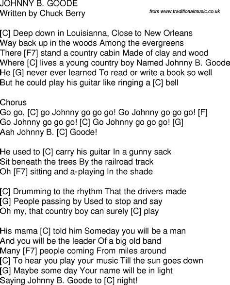 Johnny B. Goode Lyrics by Chuck Berry from the Frat Rock! 3 Pac album- including song video, artist biography, translations and more: Deep down in Louisiana close to New …